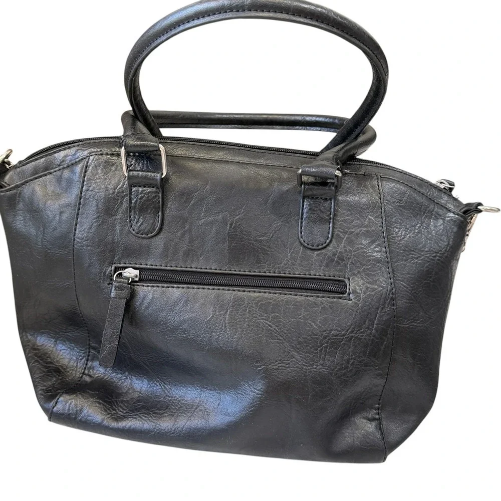 Style & Co Womens Black Faux Leather Satchel Handbag Crossbody Bag S&Co Hardware